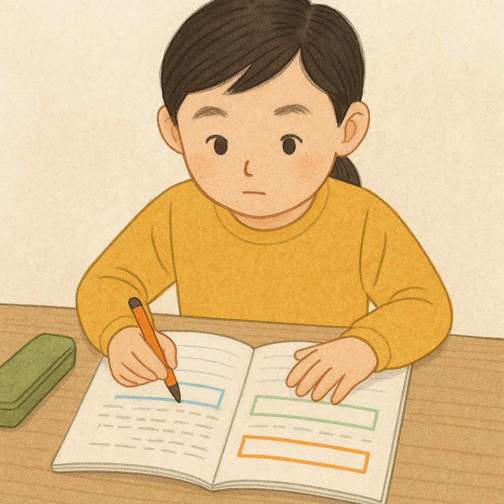 초등학생이 수학 문장제에서 질문과 주어진 조건을 구분해 표시하는 모습