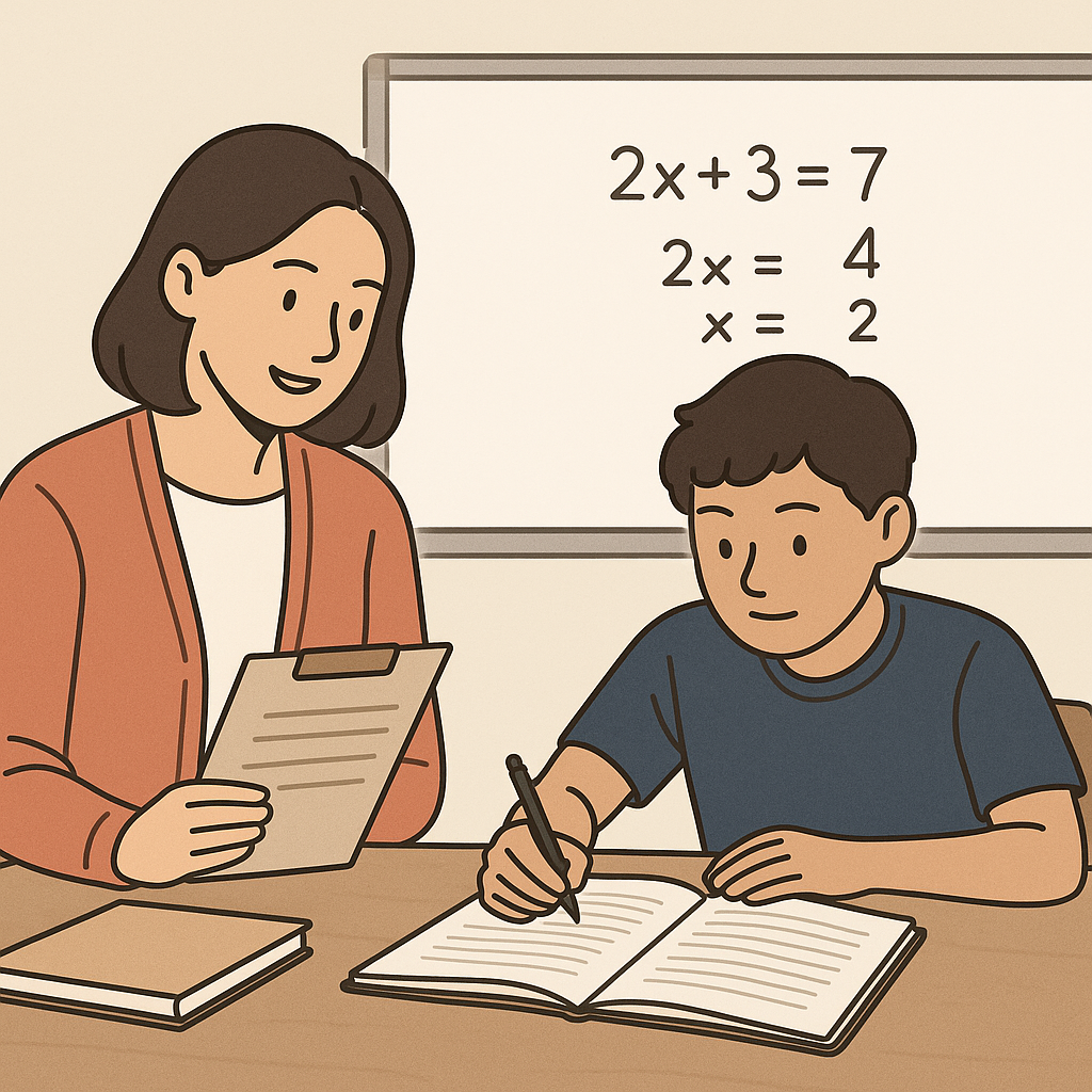 학원 교사가 학생의 수학 문제 풀이 과정과 학습 기록을 함께 확인하는 모습